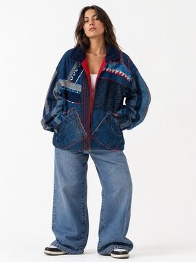 Oversized Patchwork Denim Jacket | Quilted Mixed Fabric | Statement Streetwear L